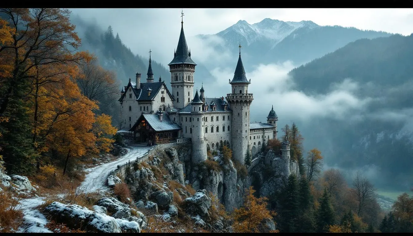 Mountain castle in autumn - filming location in Romania